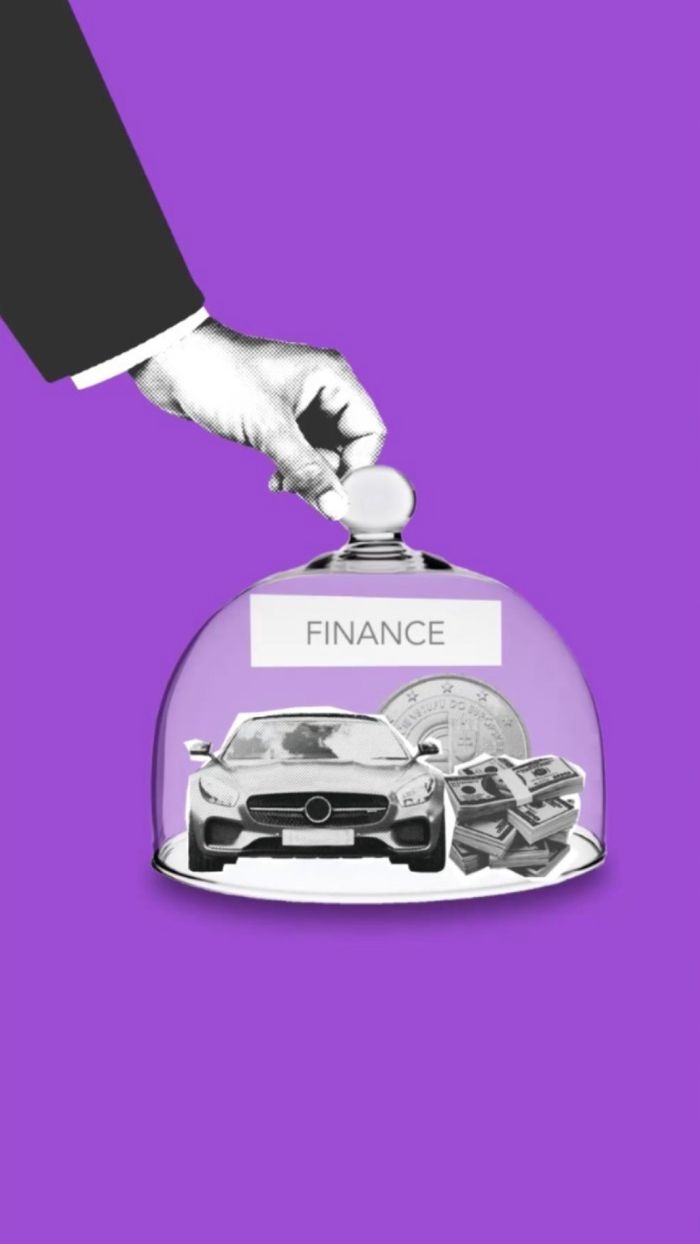 services-01 Creative collage showcasing finance themes with car, cash, and coins under a glass dome.